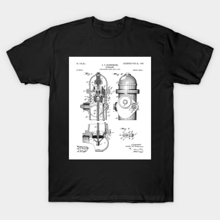 Fire Fighter Patent - Fire Hydrant Art - Black And White T-Shirt